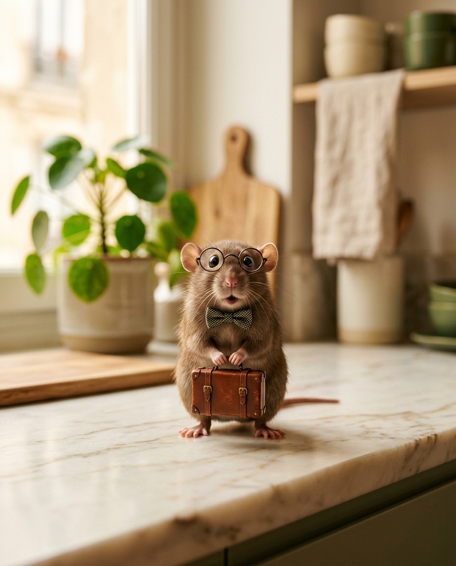 Mascotte RatZéro — un rat poli prêt à plier bagage